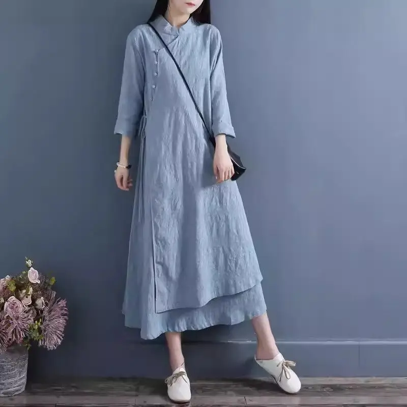 Chinese Style Button Up Improved Cotton And Linen Dress 2024 Spring Autumn Double Layered Artistic Retro Women's Clothing K1728