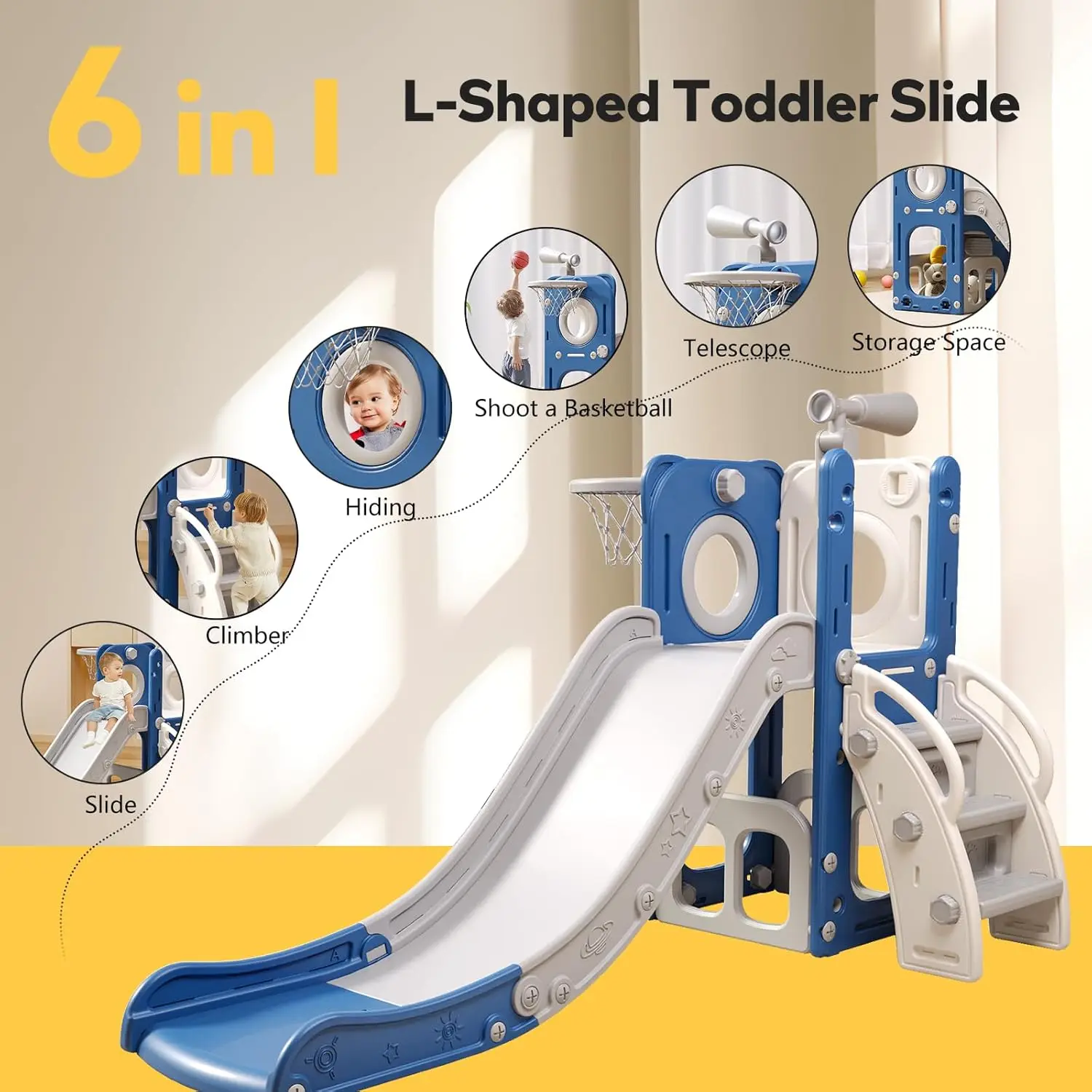 6 in 1 Toddler  with Slide,Toddler Slide,Slide for Kids with Basketball Hoop,Ball,Ring Toss,Kids Slide Toddler Playground