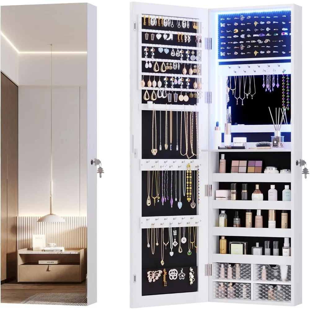 

47.2" LED Jewelry Mirror Cabinet, Wall/Door Mounted Jewelry Armoire Organizer with Full Length Mirror
