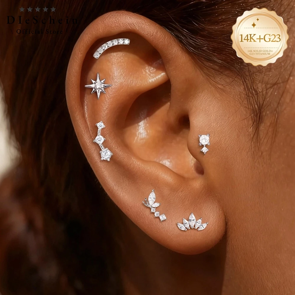 DIeSchein Pendientes de Oro Sólido de 14K para Mujer, con Circonita Cúbica, de Base Plana, para Piercings de Cartílago, Hélix, Tragus y Daith