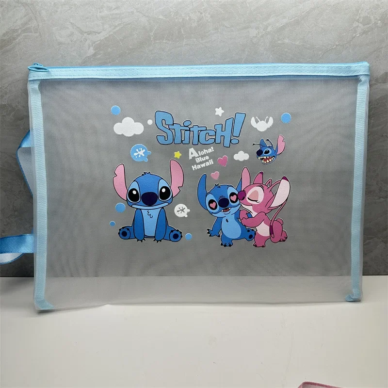 Disney-Nylon Mesh Zipper Tote Bag, Lilo & Stitch File Bag, papelaria bonito do estudante, saco de armazenamento claro, material escolar, 2024