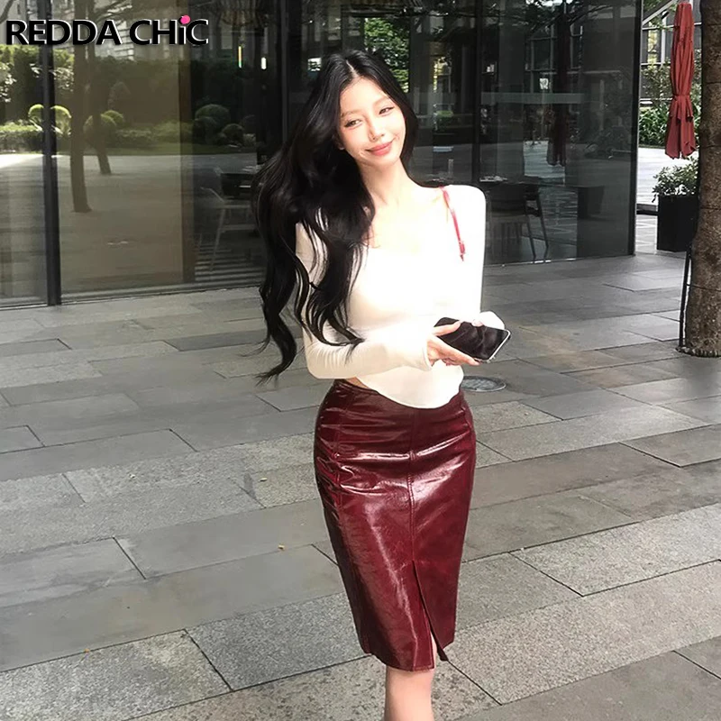 REDDACHiC Sexy Women Leather Bodycon Skirt Top Set Long Sleeves T-shirt High Rise Split Long Sheath Skirt Work Casual Clothes