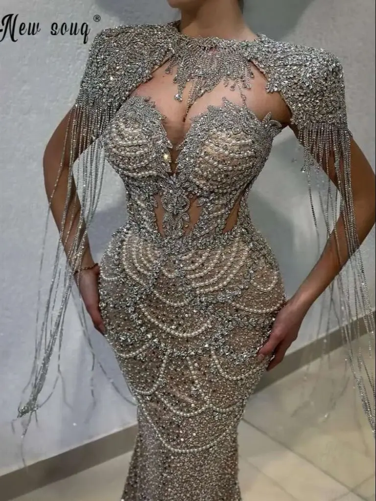 Silberne lange Quasten-Abschlussballkleider, Champagner, zweiteilig, Meerjungfrau, Hochzeitsgast-Kleider, Dubai, Geburtstagsparty-Kleider, individueller Festzug