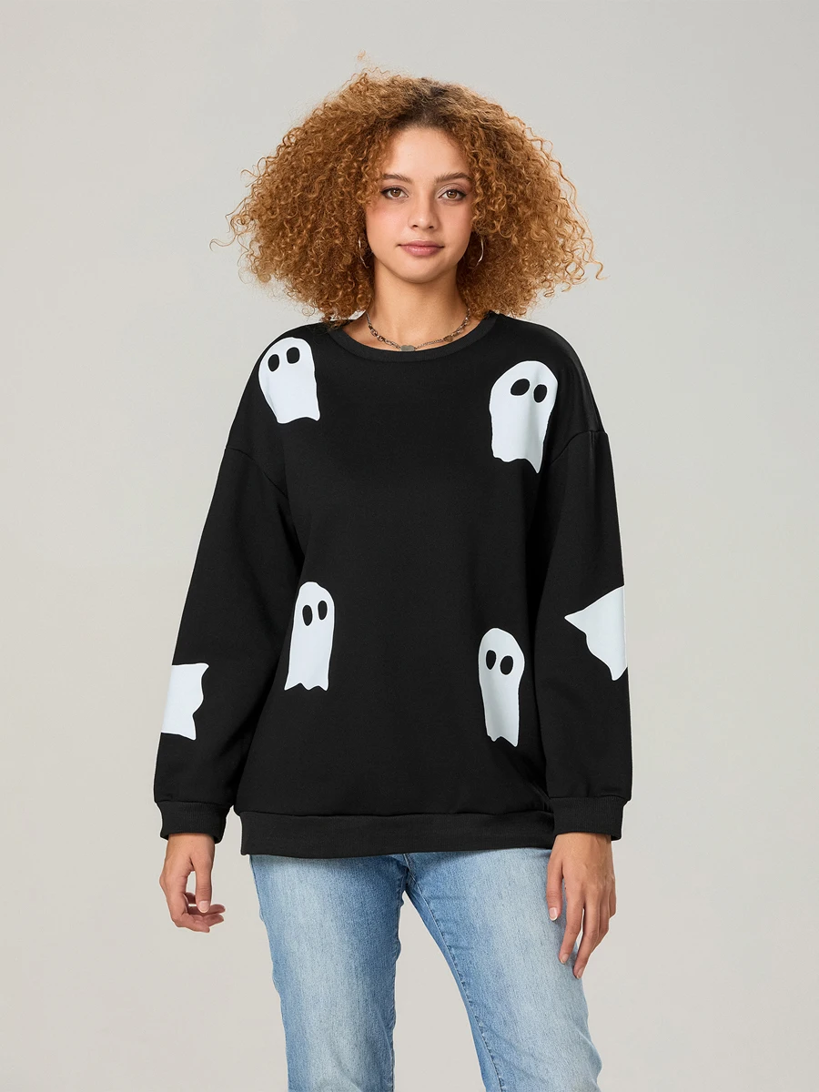 Women's Halloween Ghost Patch Long Sleeve Sports Hoodie Ghost Patch Off Shoulder Round Neck Loose Casual Hoodie