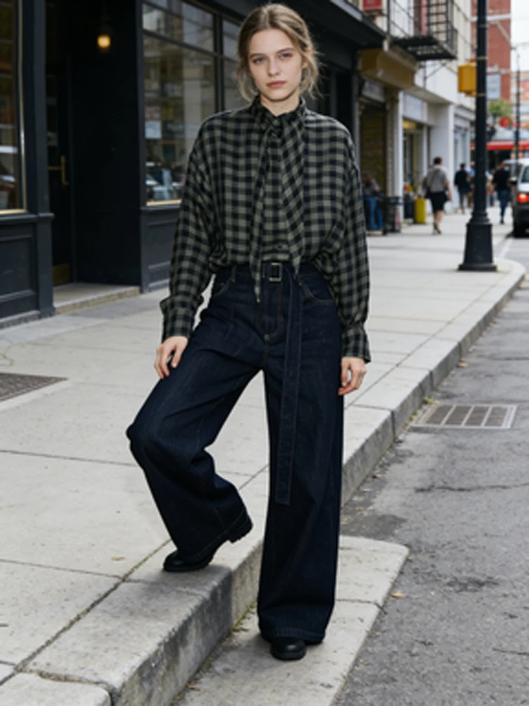 

Casual Plaid Scarf Collar Shirt Women's Trendy Single Breasted Long-sleeved Loose Short Blouse 2026 Spring Summer Casual Wear