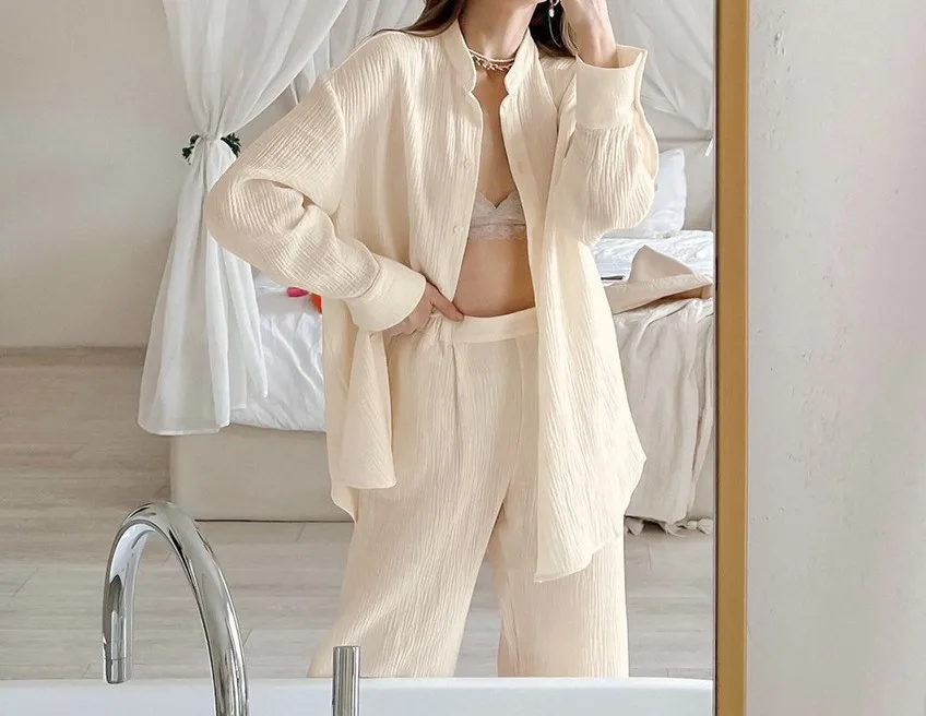 

Outfits For Women's 2 Piece Set Lapel Solid Color Loose Shirt Top + Loose Wide-leg Trousers Daily Casual Wear Autumn Suit Women