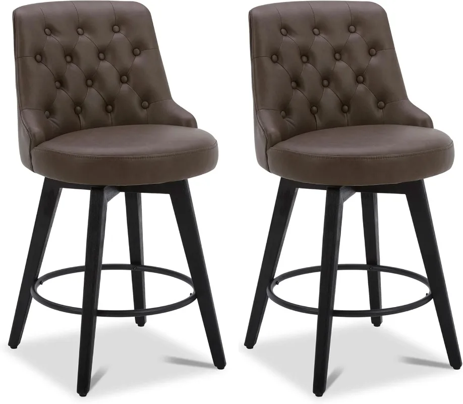 

Modern Swivel Bar Stools Faux Leather Upholstered Counter Height Bar Stools with Back Solid Wood Legs 26" H Seat Set of 2