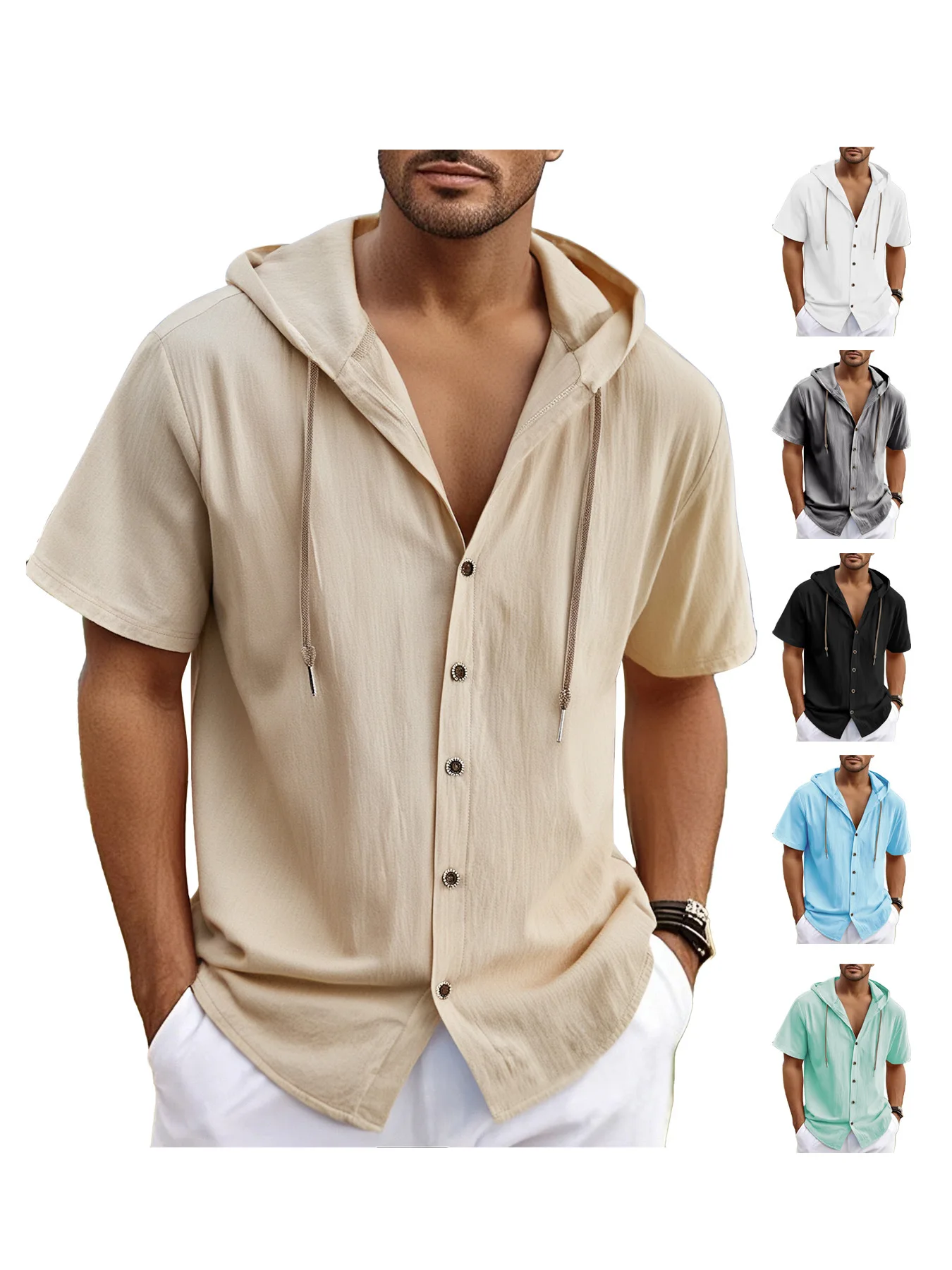

EU Size Men's Cotton Linen Hooded Shirt Short Sleeve Solid Color Loose Fit Breathable Lightweight Drawstring Casual Basic Tees
