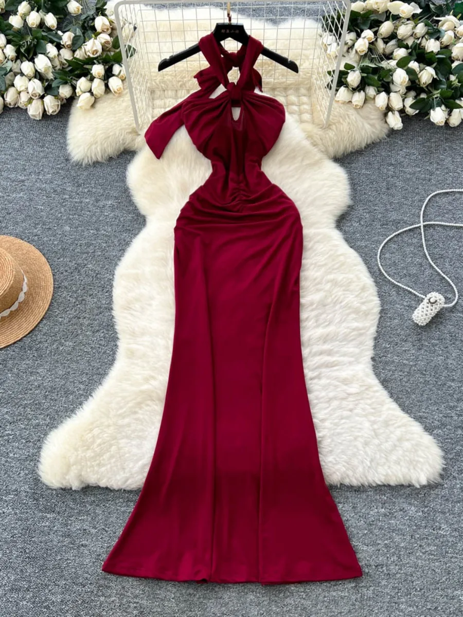 Foamlina Seksowna Sukienka Maxi z Wycięciami, Wiązana na Szyi, Długa, Damska, Europejski Styl, Siateczkowe Wstawki, Dopasowana, Podkreślająca Figurę, Elegancka, Bez Pleców