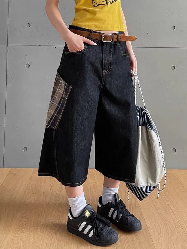 

Американские ретро клетчатые джинсовые брюки семи четвертей, свободные прямые брюки и повседневная одежда High nce Sensation