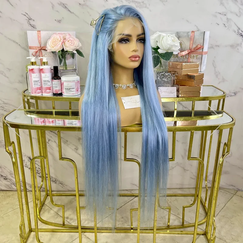 باروكة طويلة من الدانتيل الصناعي المستقيم للنساء ، جزء حر ، أزرق فاتح ، باروكة ناعمة ، ألياف مقاومة للحرارة ، باروكات تأثيري