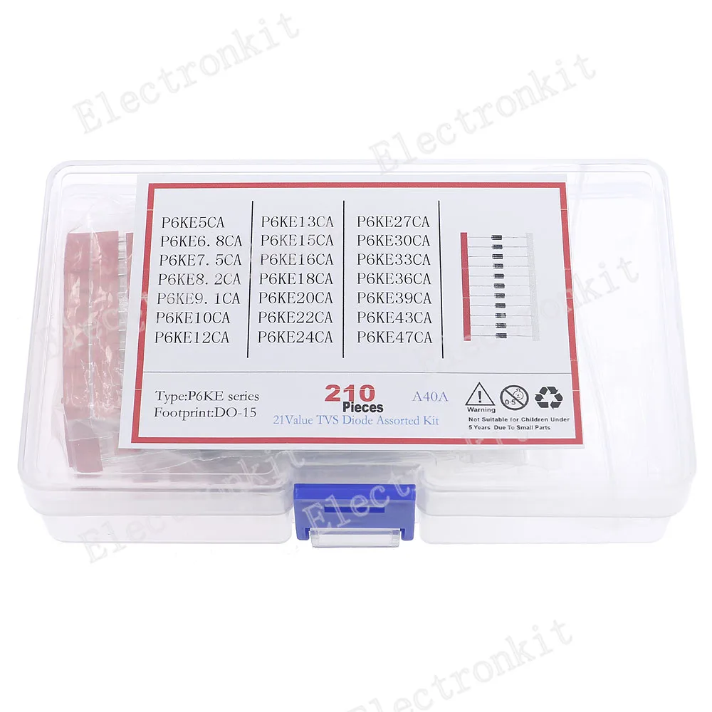 210Pcs 21Value TVS Diode Mix kit P6ke5A 6.8A 7.5A 8.2A 9.1A 10A 12A 13A 15A 16A 18A 20A 22A 24A 27A 30A 33A 36A 39A 43A 47A