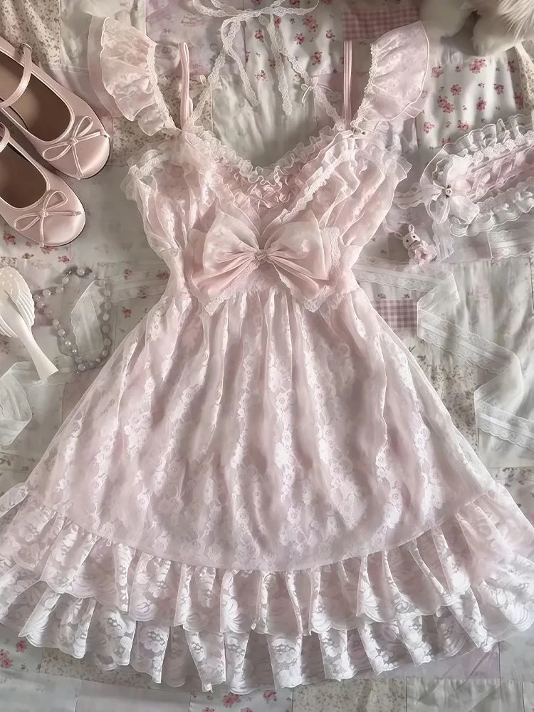 

Pink Sweet Knot Lace Cover up Women's Summer 2026 New Waist Cinching Slimming Strap Dress Two Piece Set