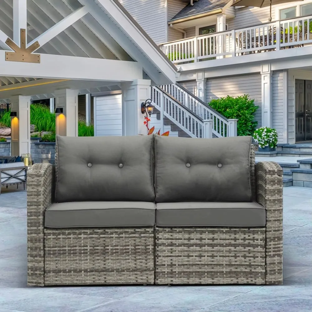 2 Piece Aluminum Frame Patio Sofa Couch with Cushions, Grey Wicker Corner Sofa Chairs for Patio Furniture