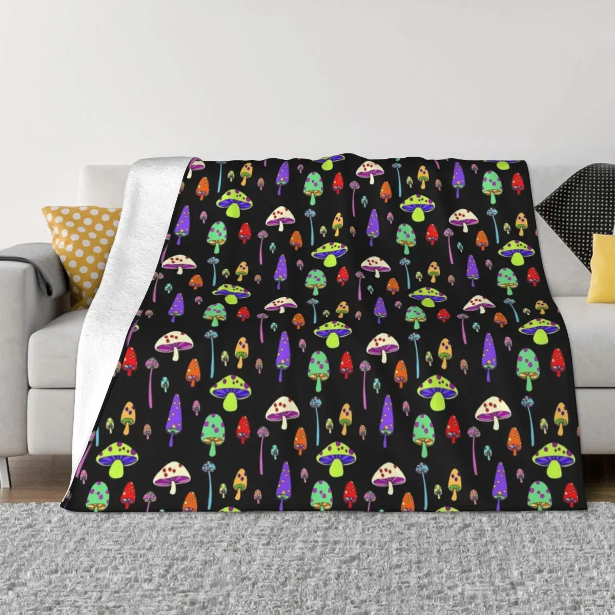 

Technicolor Mushrooms Throw Blanket for sofa Multi-Purpose Thin Designers For Sofa Thin Blankets