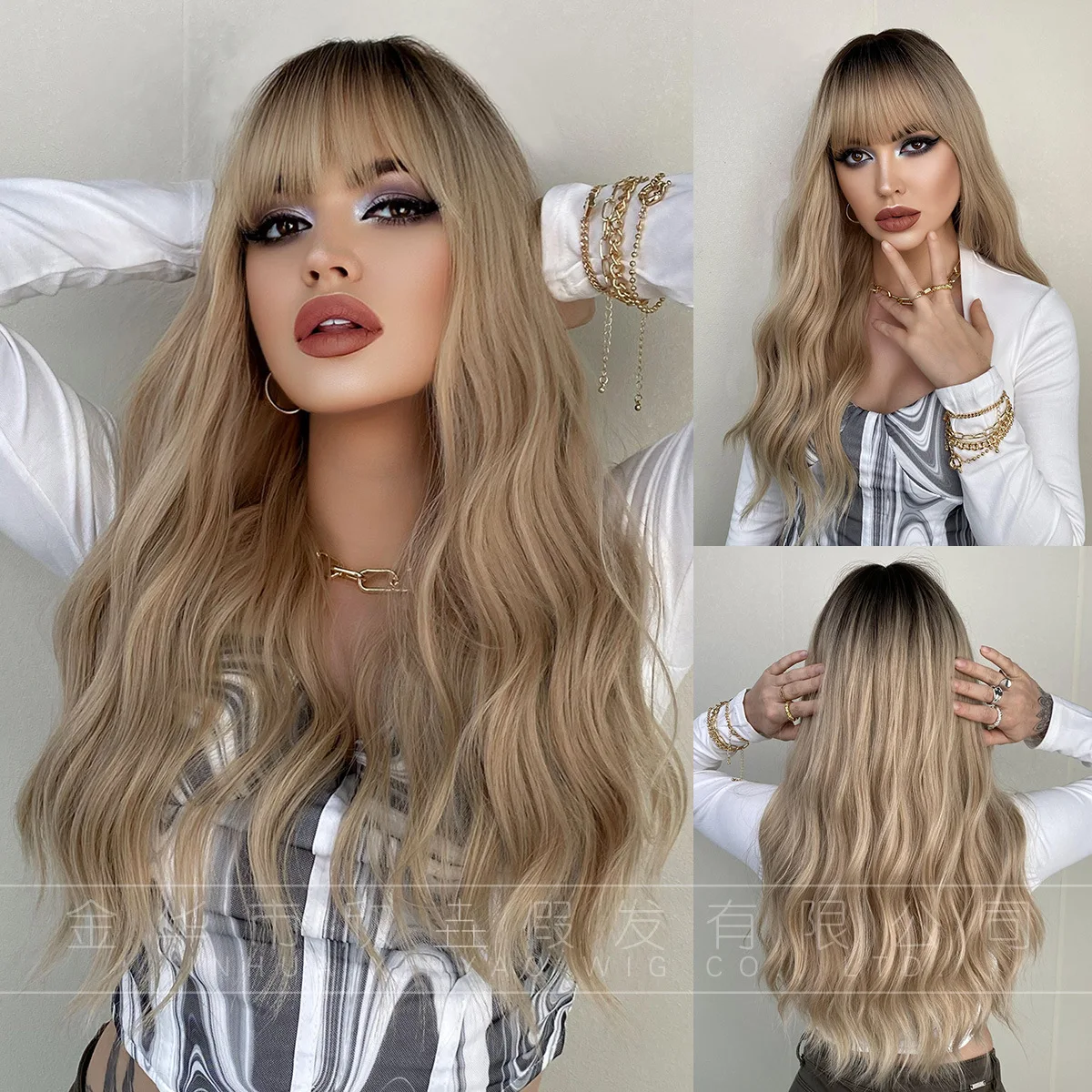 

flax blonde long curly hair, big wavy head covering, top dyed high-temperature silk chemical fiber wigs