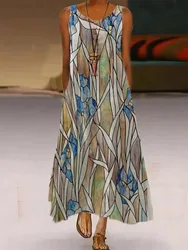 2024 Women Sexy Strap  Dresses Summer Casual Sleeveless Printed  Long Boho Dress Clothing Robe Vestidos