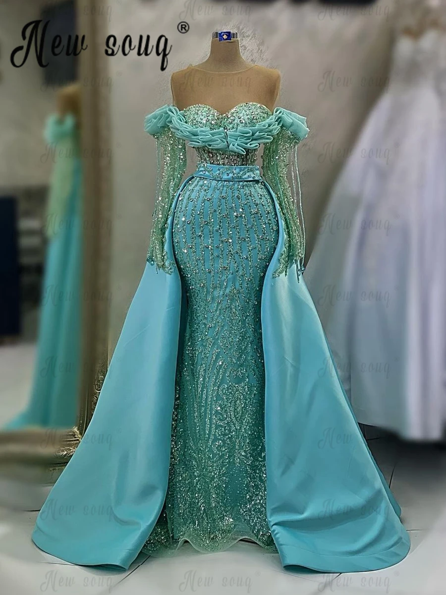 Vestido de noite feminino turquesa, elegante, trem destacável, vestidos de formatura, festa de casamento luxuosa, 2 em 1, 2023