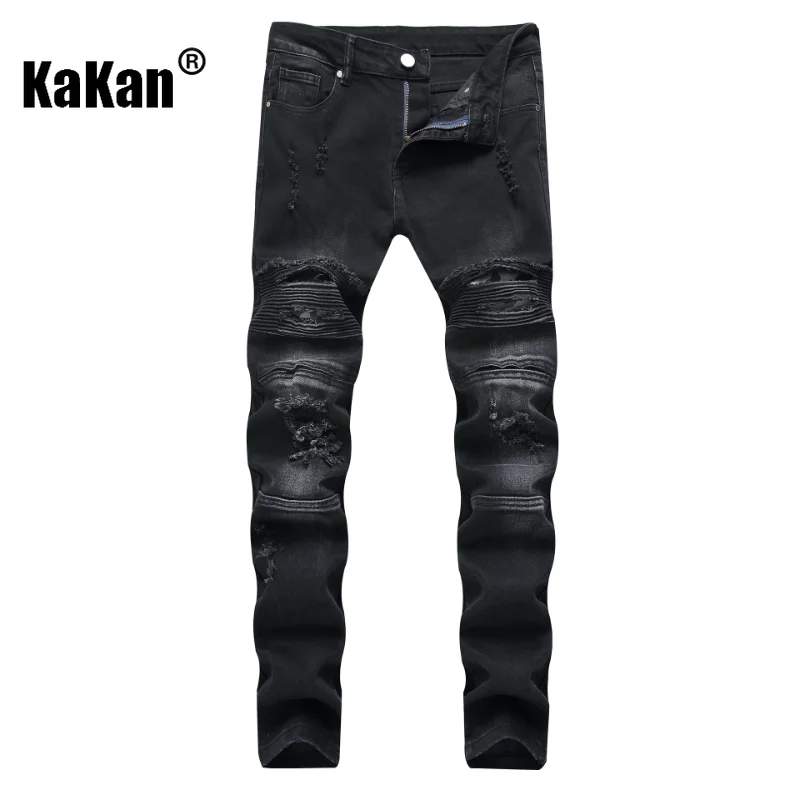 

Kakan - European and American New Black Pleated Motorcycle Jeans for Men, Small Straight Fit Men's Worn Long Jeans K21-1209