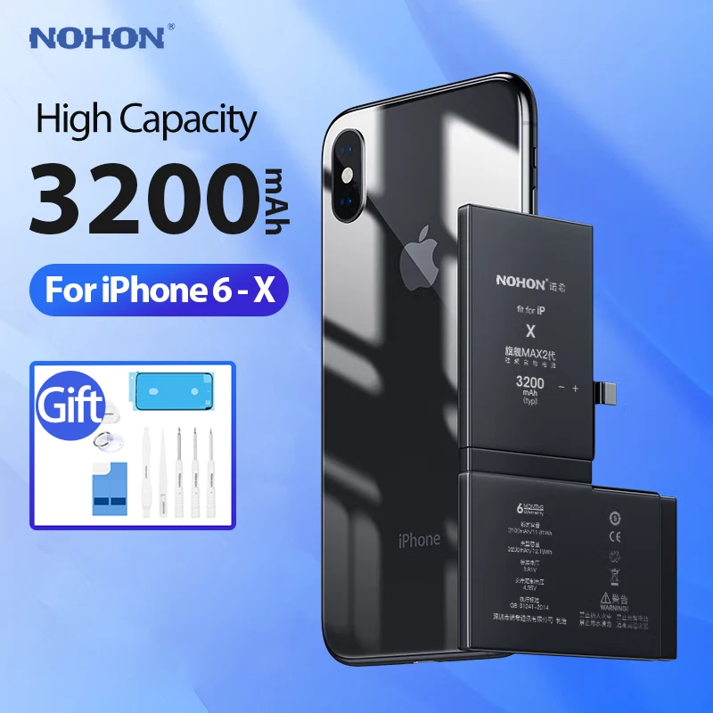 NOHON Mobile Phone Battery for iPhone X XR XS Max SE 2020 2016 SE2 High Capacity Replacement Bateria for iPhone 8 7 6 6S Plus