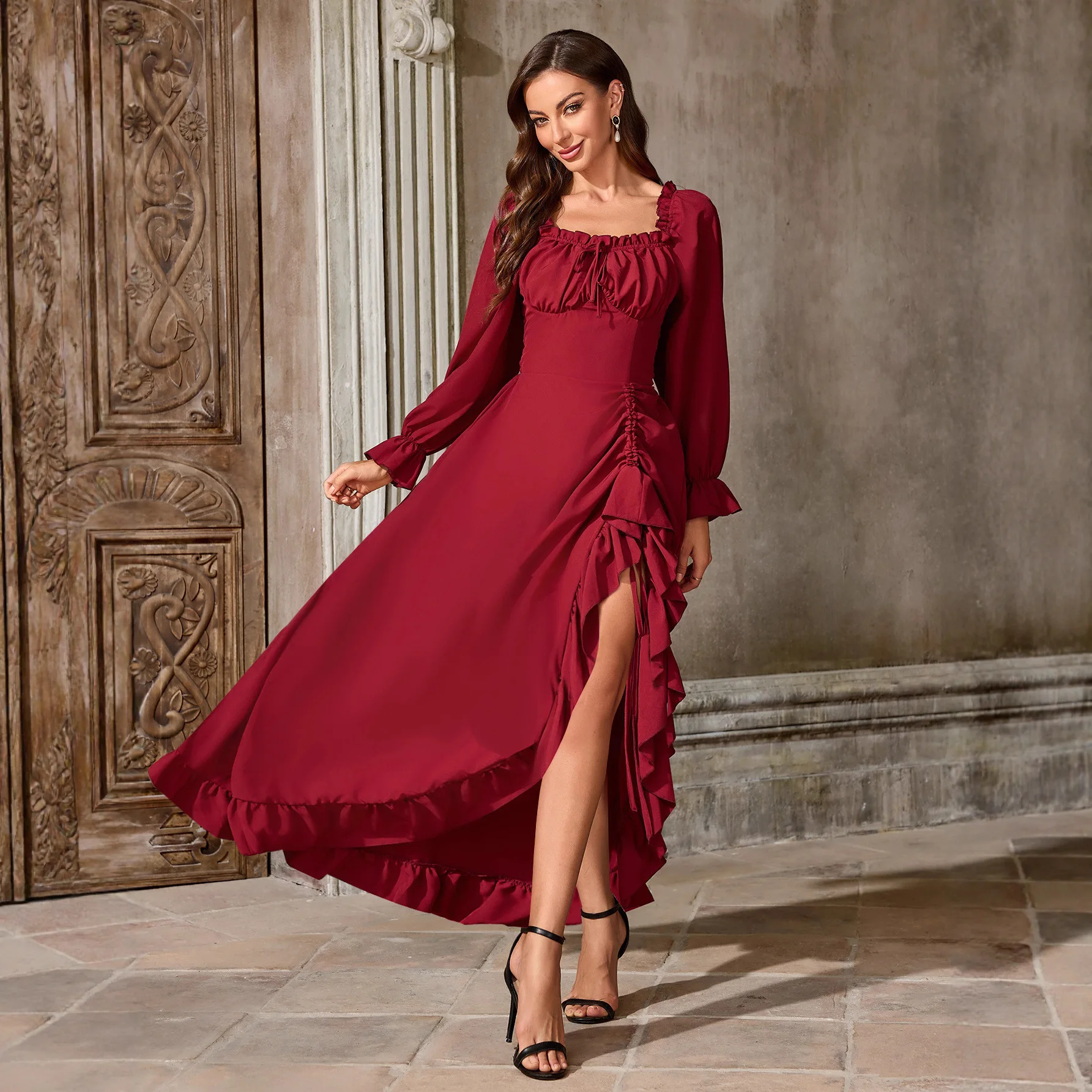 

Художественное платье миди с квадратным вырезом, приталенное, с пышными рукавами и высоким разрезом, новое элегантное платье средней длины