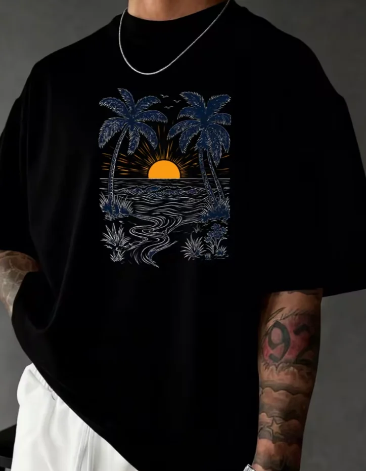 Men's Summer Tops Casual Short Sleeve T Shirt Sunset Trees Waves Daily Travel Vacation Men's Fashion Top Trendy Fashion Top