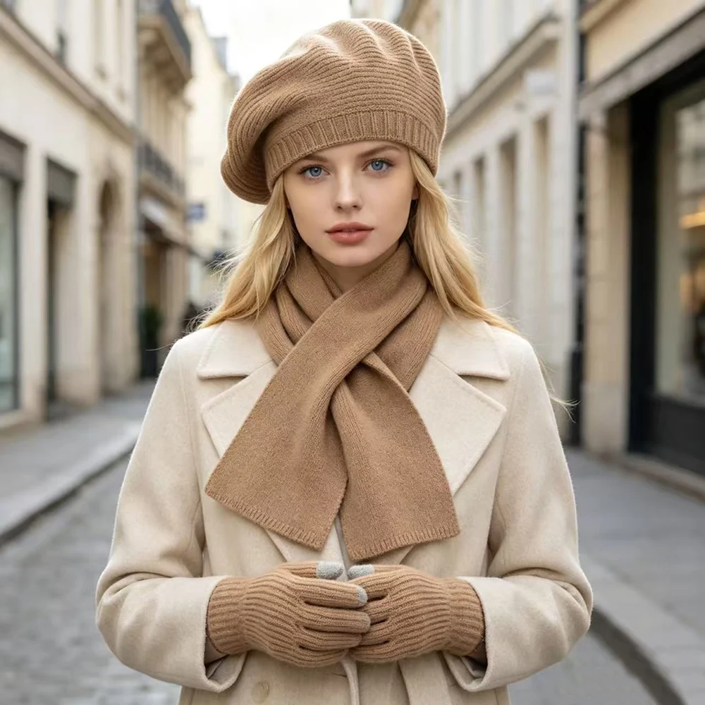 Winter Women Beret Hat With Scarf Gloves 3pcs Set Vintage British Style Knited Cashme Warm Cap High Quality Autumn Accessories