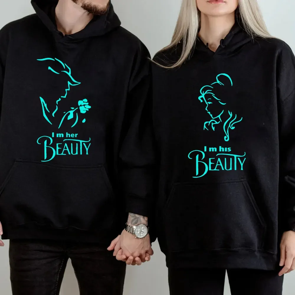 I\'m Her Beast I\'m His Beauty Print Sweatshirts Couple Matching Hoodies Men Women Long Sleeve Hooded Luminous Lover Hoodie