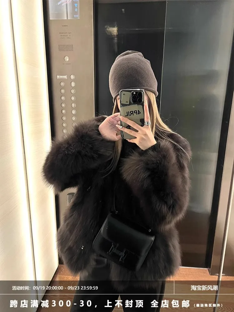 Winter Gradient Fluffy Faux Fox Fur Coat for Women High Street Luxury Big Collar Overcoat Female Jacket