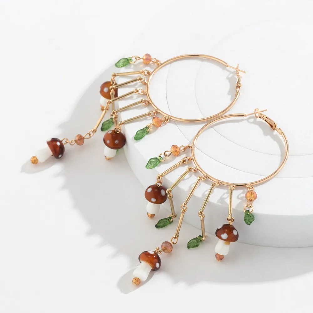 New Fashion Mushroom Leaf Versatile Earrings Temperament Women Large Earrings Tassel Pendant Ethnic Style Personality Earrings