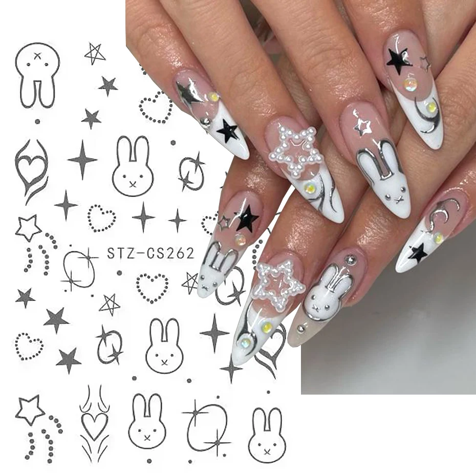 3D Holographic Bunny Nail Stickers Cartoon Cute Rabbit Love Hearts Stars Sliders Silver Chrome Y2K Nail Art Manicure Decoration