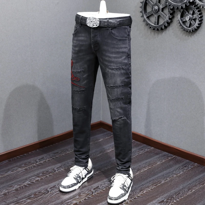 High Street Fashion Men Jeans Retro Black Gray Stretch Skinny Fit Ripped Jeans Men Embroidery Designer Hip Hop Brand Denim Pants