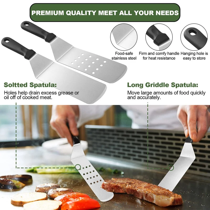 14Pcs Stainless Steel Spatula BBQ Tools Without Tongs DIY Grill Griddle Scraper Kitchen Spatulas