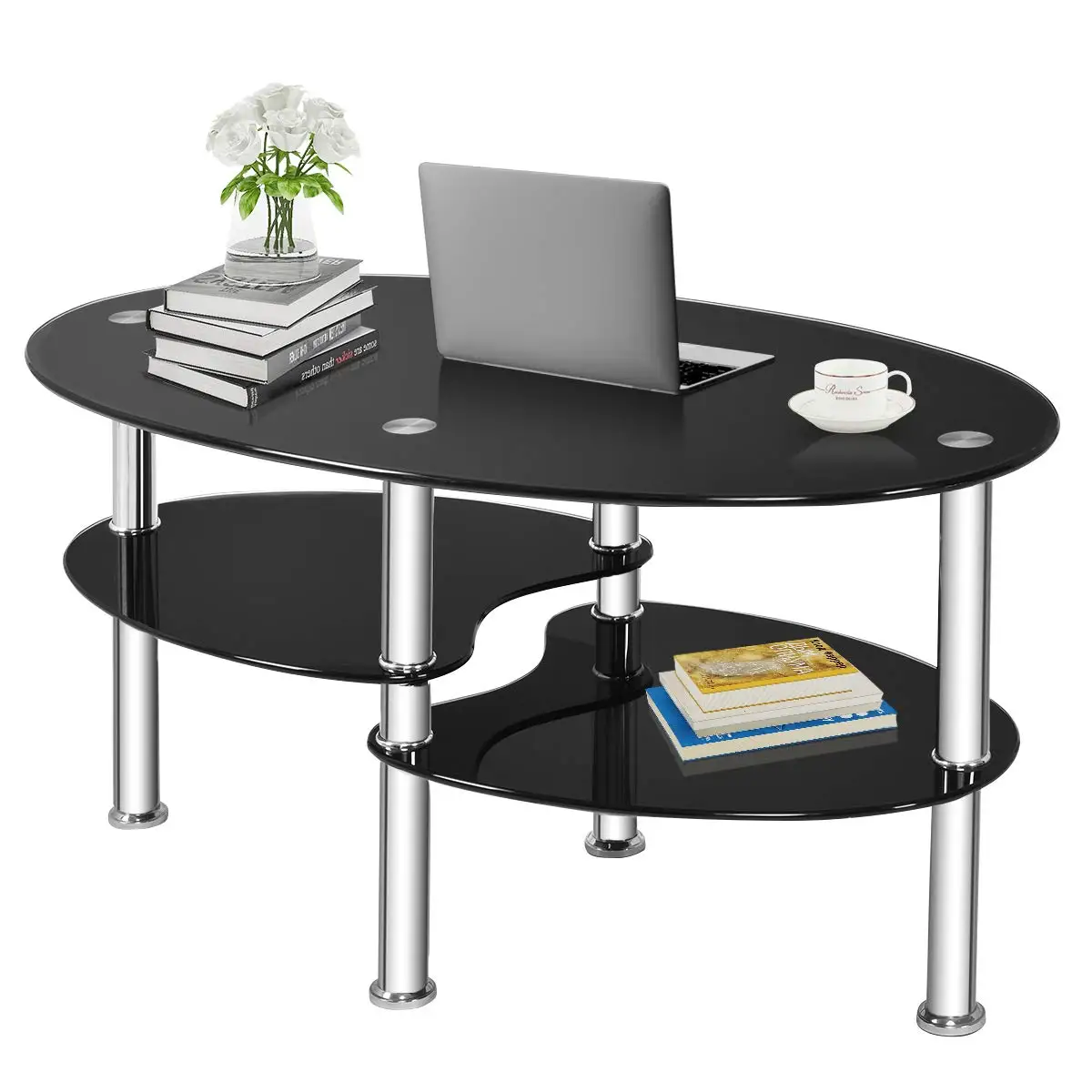 

Tempered Glass Oval Coffee Table 3-Tier Storage Steel Legs Modern Living Room Bedroom Office Customized