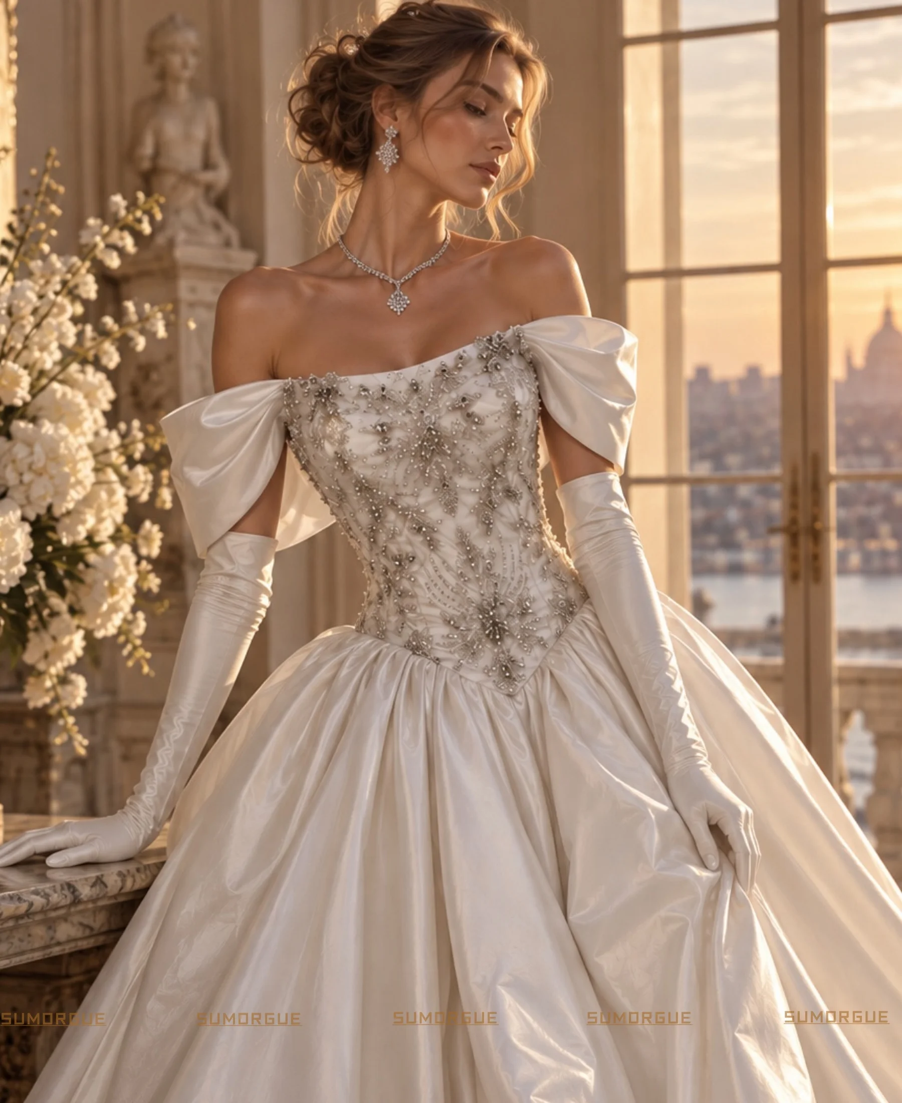 Luxury Elegant French Princess Straight Shoulder Satin Main Wedding Dress Bride  high-end Customized Vestidos De Noiva