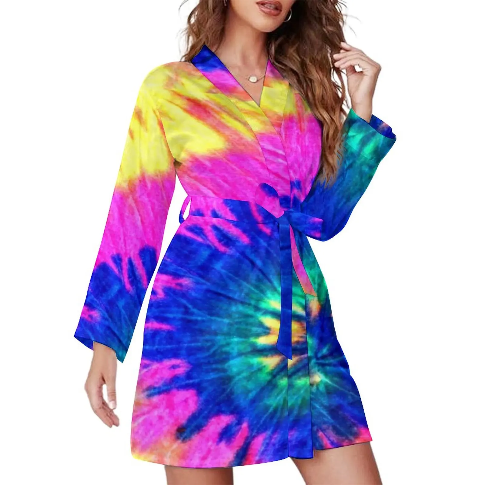 

Tie Dye Spiral Pajama Robe V Neck Circle Rainbow Pattern Bathrobe Lady Long-Sleeve Soft Pajamas Robes Spring Aesthetic Dress