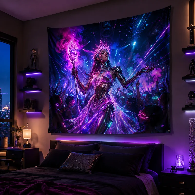 VIKAMA Cyberpunk Mechanical Queen Tapestry, Neon Party Futuristic Sci-Fi Art Backdrop, Bedroom Electro Party Home Decor