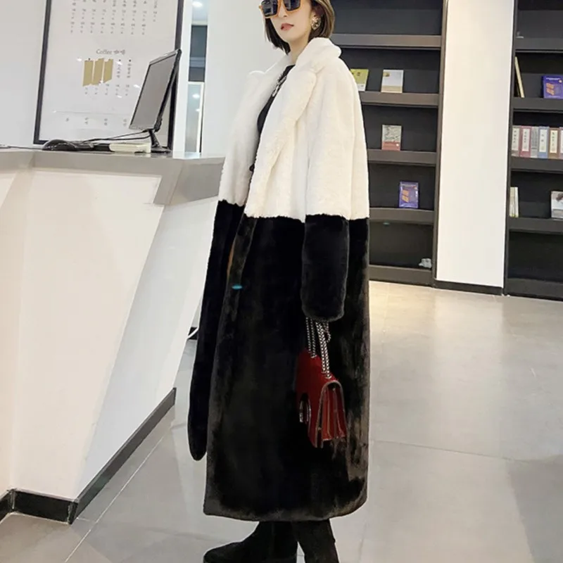 

2025 Women's Winter Oversized Mink Faux Fur Jacket Plush Collar Patchwork Mid-Length Coat Warm Soft Fluffy Fur Coats Outerwear