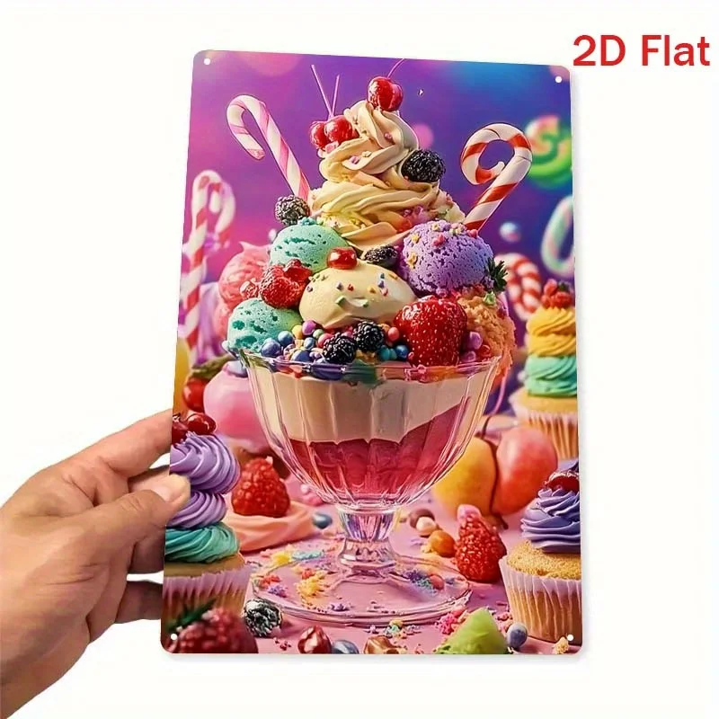 Bolo de helado vibrante, arte de pared de metal, decoración de postre colorida con crema batida, chocolate y fresas, para el hogar, cocina