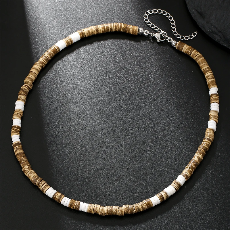 Vintage Ethnic Geometric Gravel Chain Clavicle Necklace Boho Coconut Shell Wood Bead Chain Necklace Men's Neck Jewelry view 4