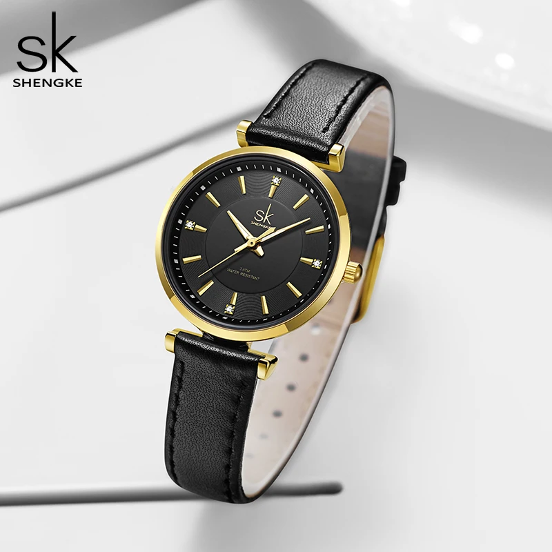 Shengke sk Watch Fashion Women Watches Black Leather Strap Woman\'s Quartz Wristwatches Ladies Colorful Clock Relogio Feminino