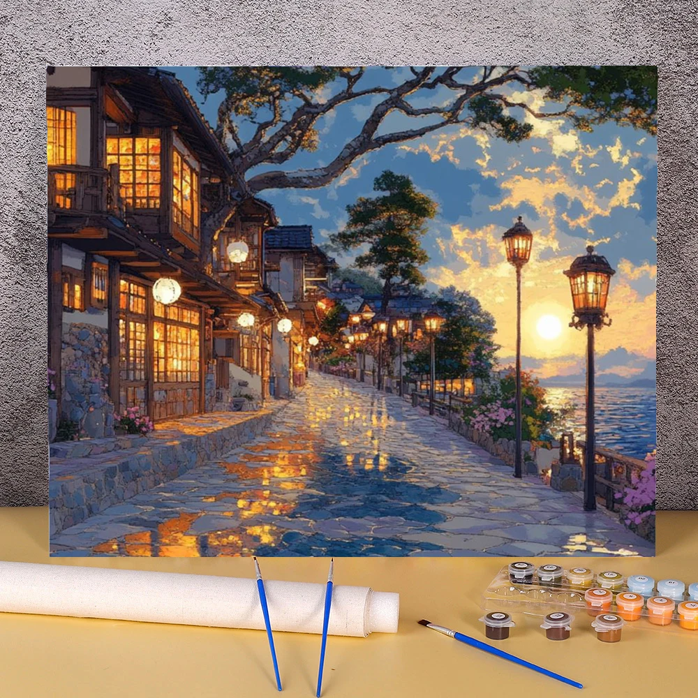 

Picture By Number Town Seascape DIY Unframe Coloring By Numbers Paint On Canvas For Adults Home Decoration 30x40cm Painting