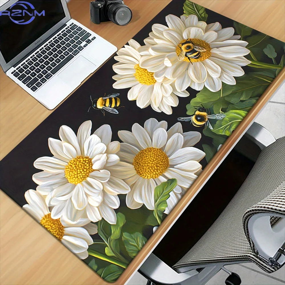 1pc Realistic Daisy and Bee Pattern Mousepad - Large, Non-Slip Rubber Base, Waterproof Desk Mat for Office, Gaming, and PC/Lapto
