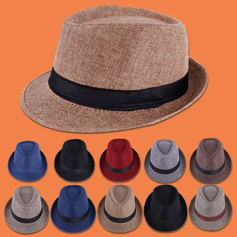 

Men's Retro Solid Color Cotton Linen Jazz Fedora Hat Summer Outdoor Unisex Bowler Cap for Beach Travel