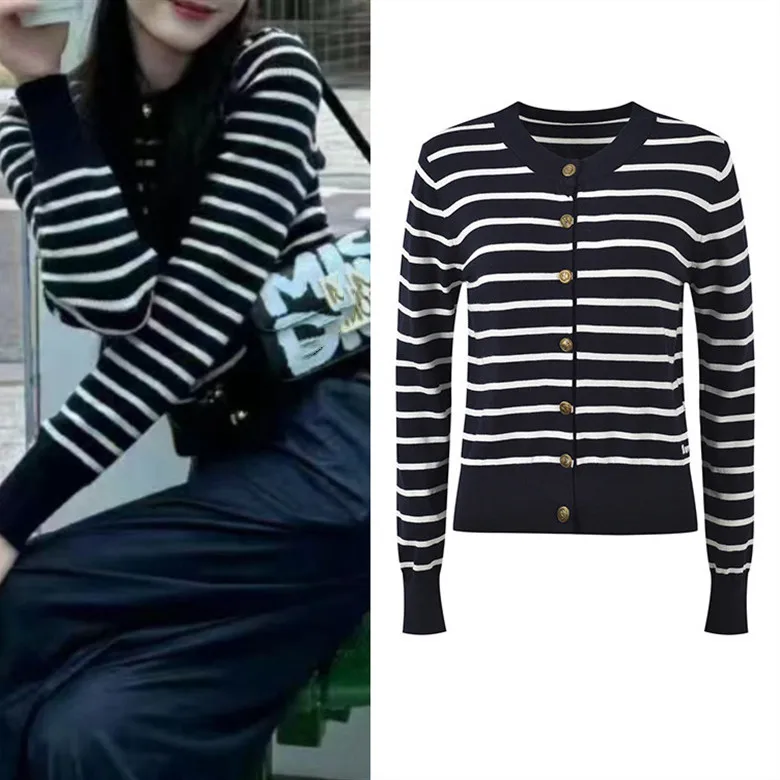 

Elegant European Style Long Sleeve round Neck Open Cardigan Top Simple Stripe Design Gold Button Minimalist High-End Fashion