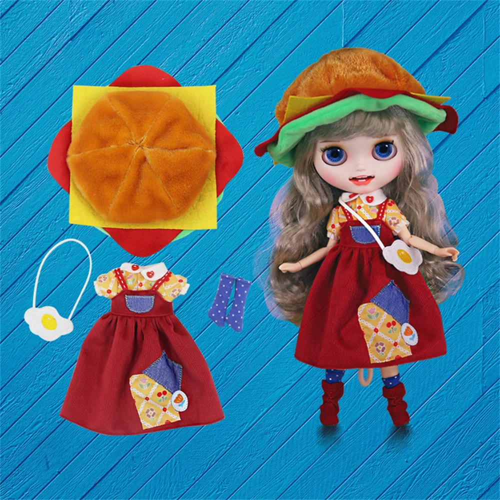 Blythe Size Deep red Versatile cute rural Hamburger Girl Set 4 piece set 1/6 Size doll accessories