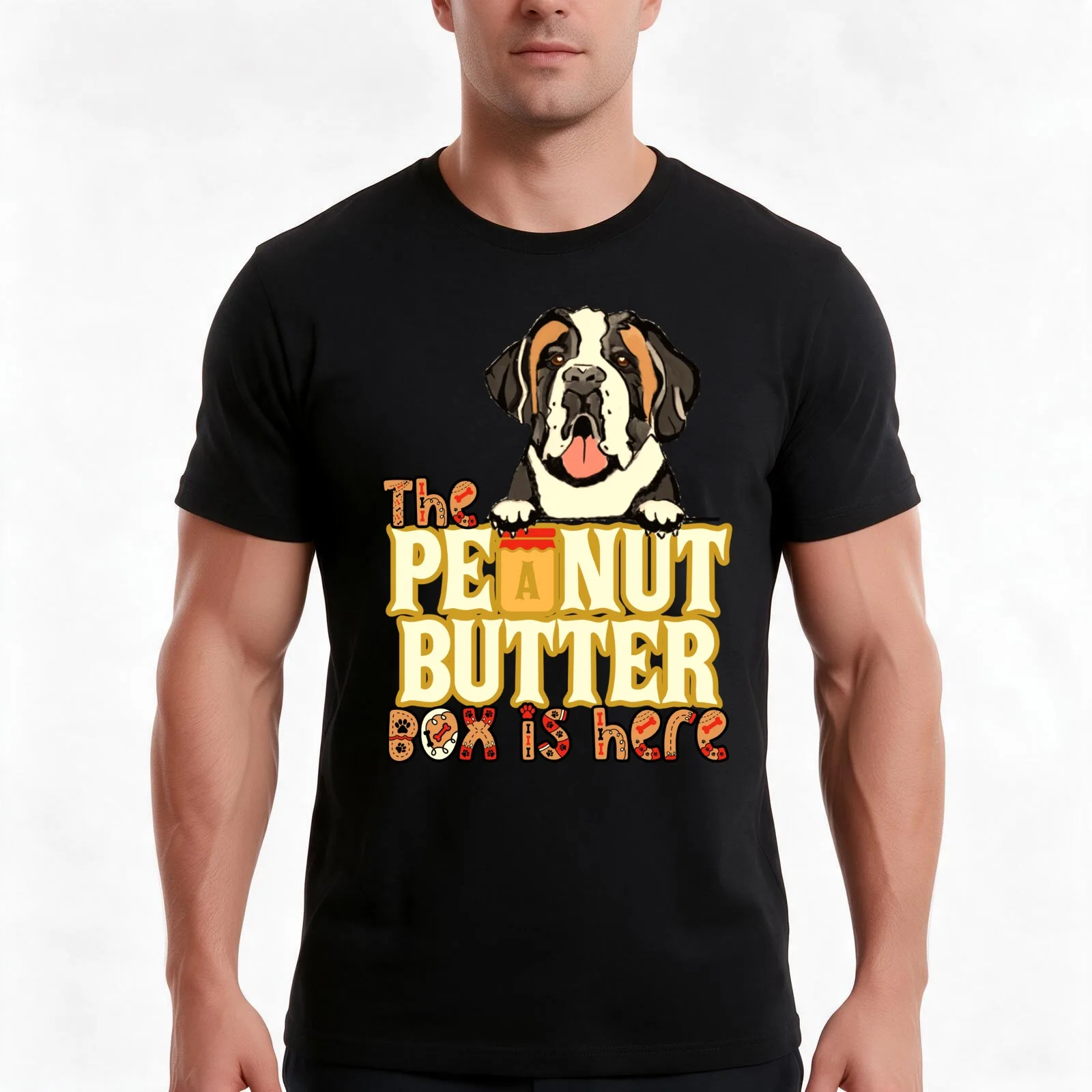 The Peanut Butter Box Is Here: Funny St. Bernard Dog Commercial Humor T-Shirt, Summer Casual Cotton Tee, Vintage Graphic Print