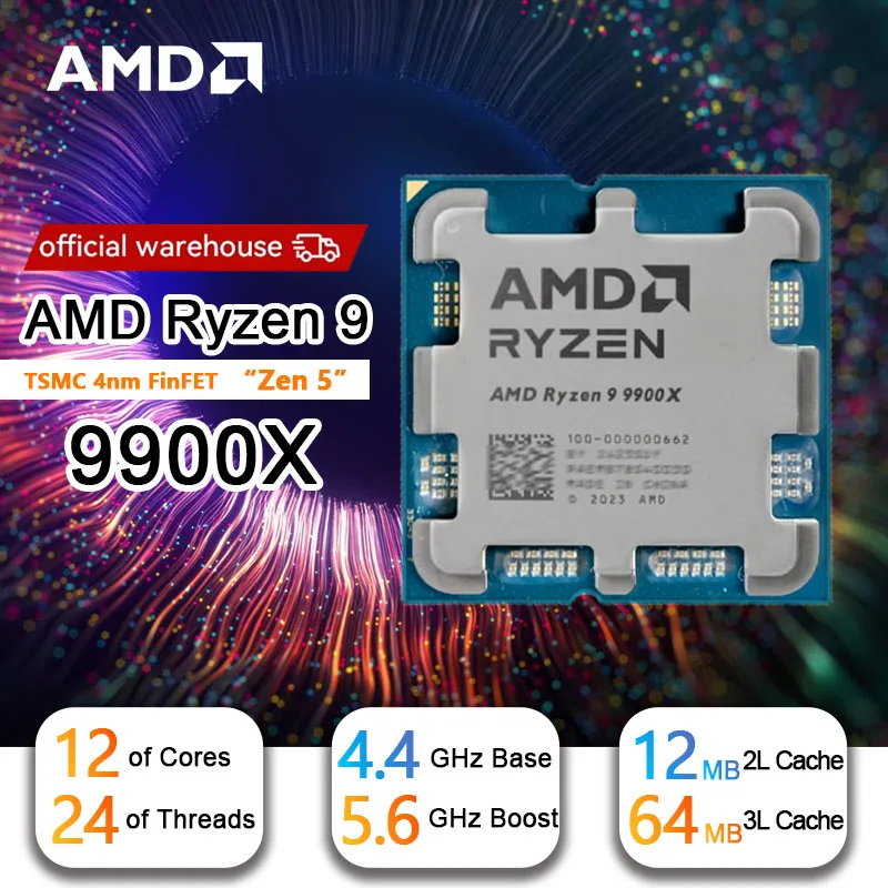 AMD R9 9900X Ryzen 9 9900X New Processor 5.6GHz 12-Core 24-Thread 76MB Game Cache 4NM TDP 120W Socket AM5 Gaming CPU Zen 5