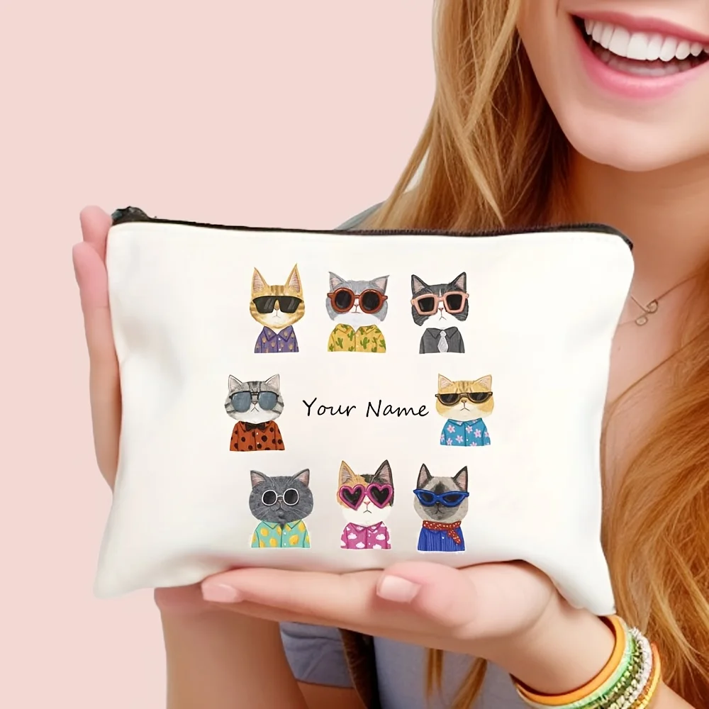 Personalized Cosmetic Bag Customized Name/Text Color Clothing Cute Cat Pattern Zipper Type Cosmetic Storage Bag Gift Cat Lovers