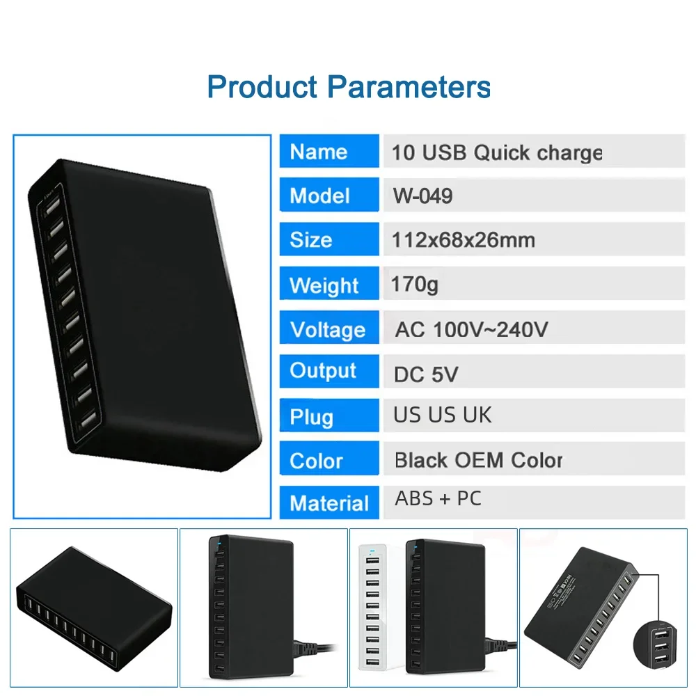 USB Charger 60W 10-port Station Desktop USB Rapid Charger for Smart USB Charger for Multiple Devices Smart Phone Tablet Laptop